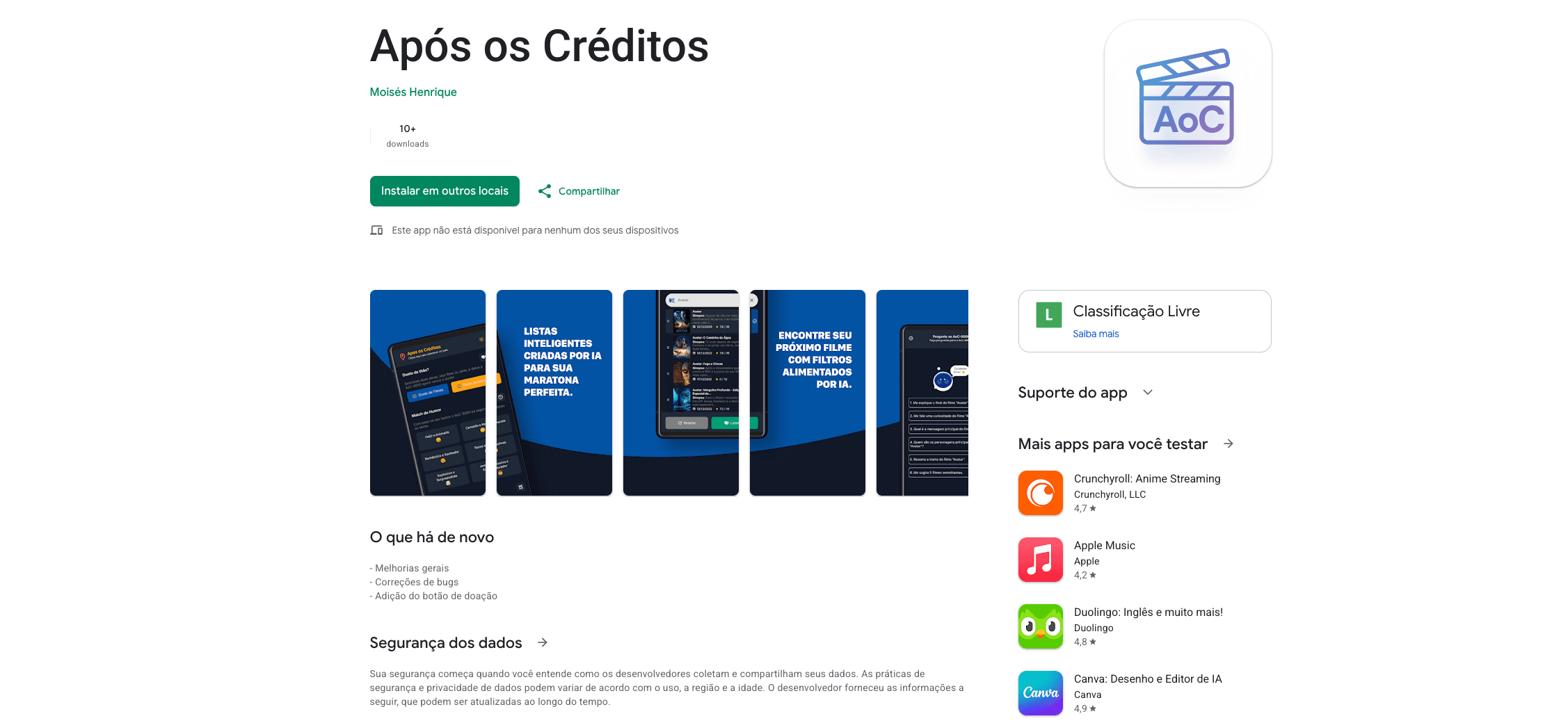 Página do aplicativo Após os Créditos na Google Play, com as telas de match de humor, listas por IA e catálogo de filmes