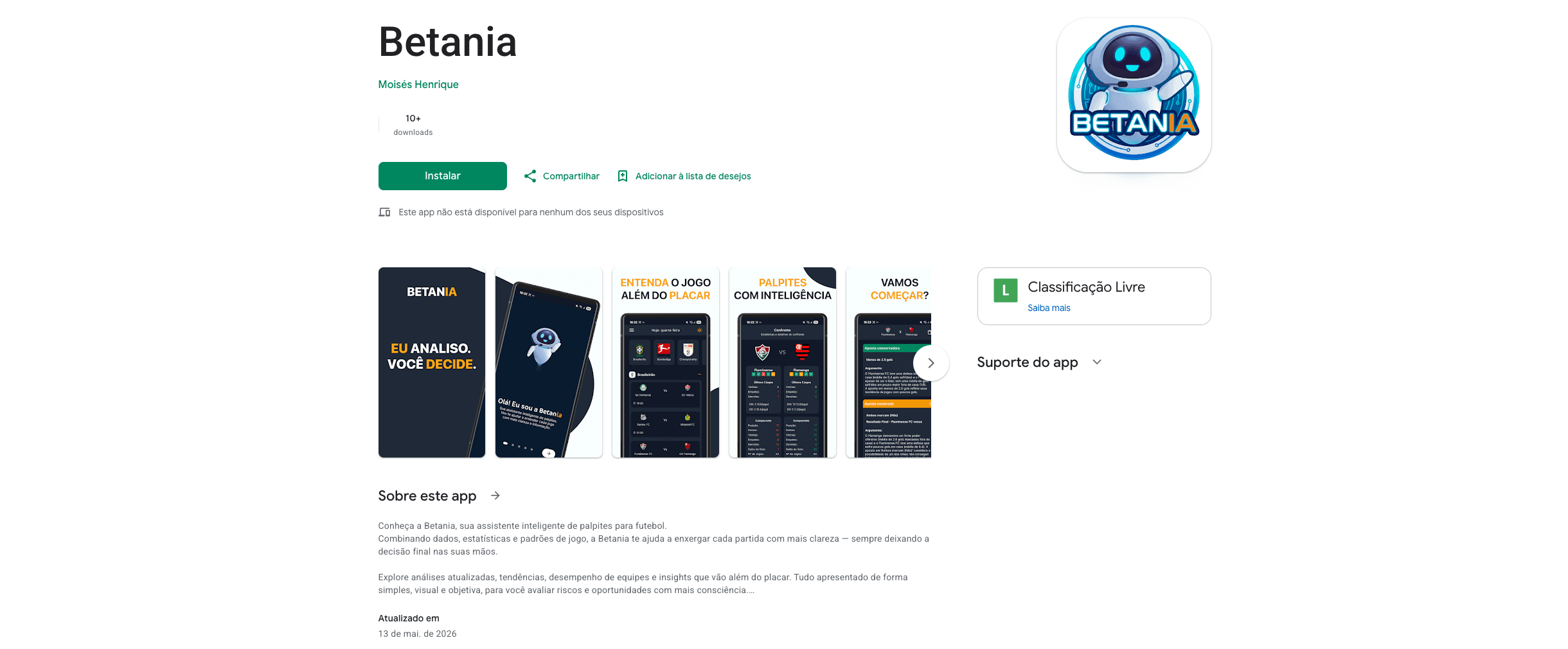 Página do aplicativo Betania na Google Play, com as telas da assistente, lista de partidas e análise de confronto