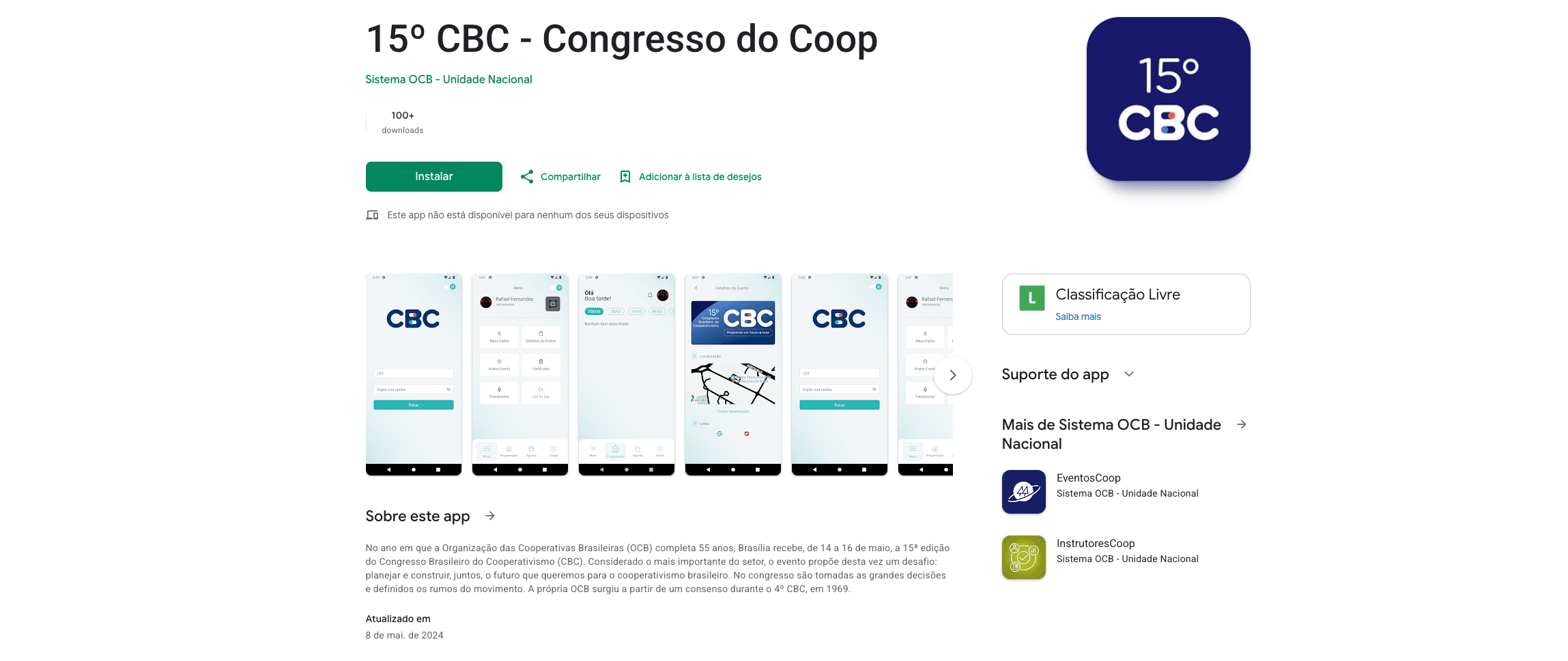 Página do aplicativo 15º CBC na Google Play, com as telas de acesso, menu e programação