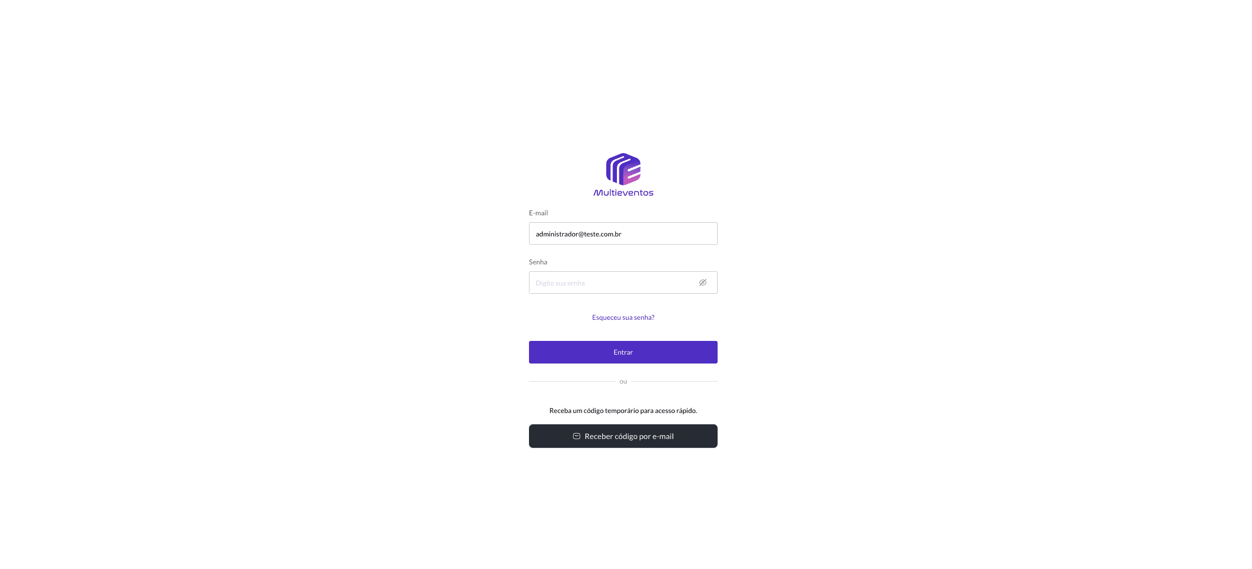 Tela de acesso da plataforma Multieventos, com entrada por senha ou por código enviado ao e-mail