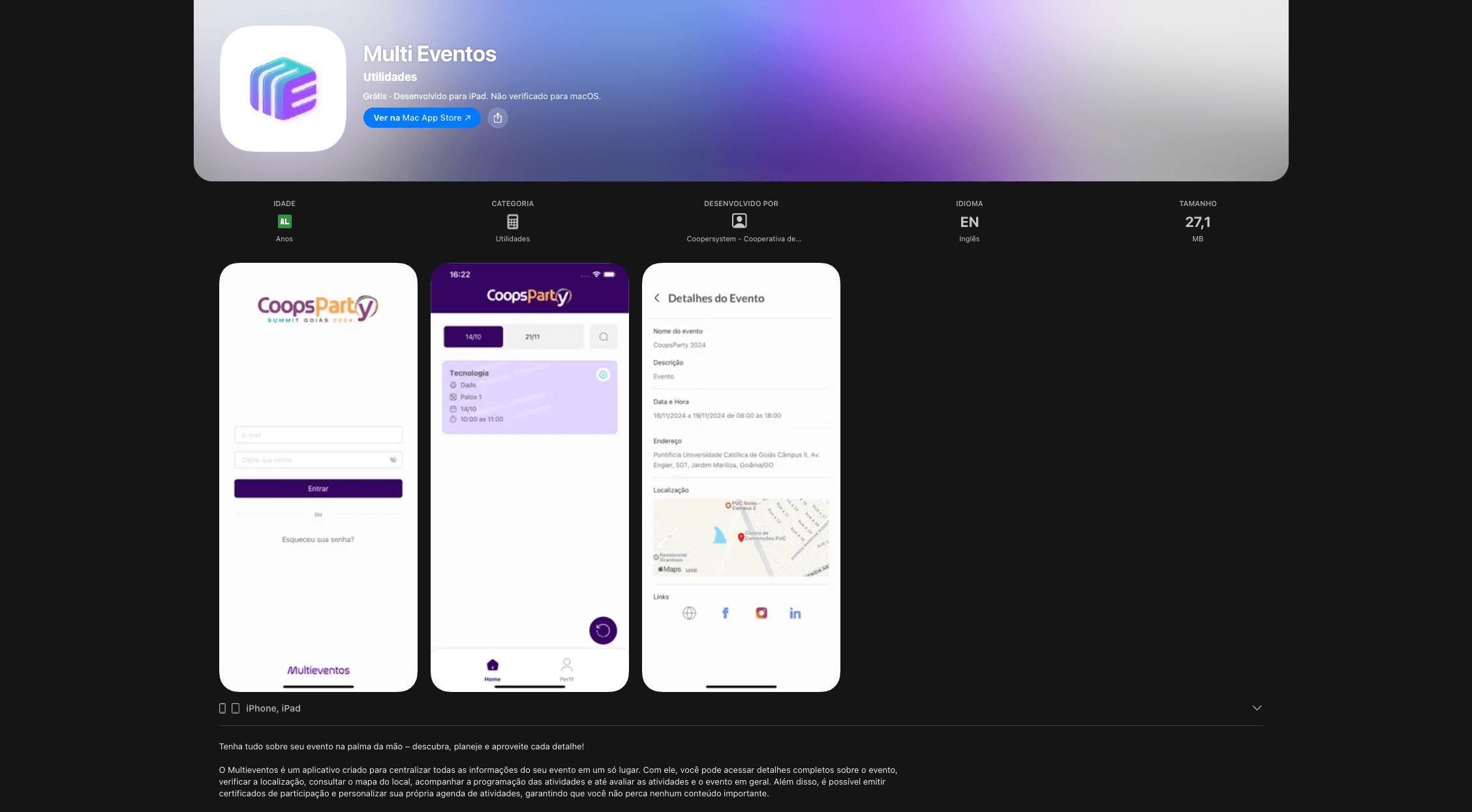Página do aplicativo Multi Eventos na App Store, com as telas de acesso, programação e detalhes do evento