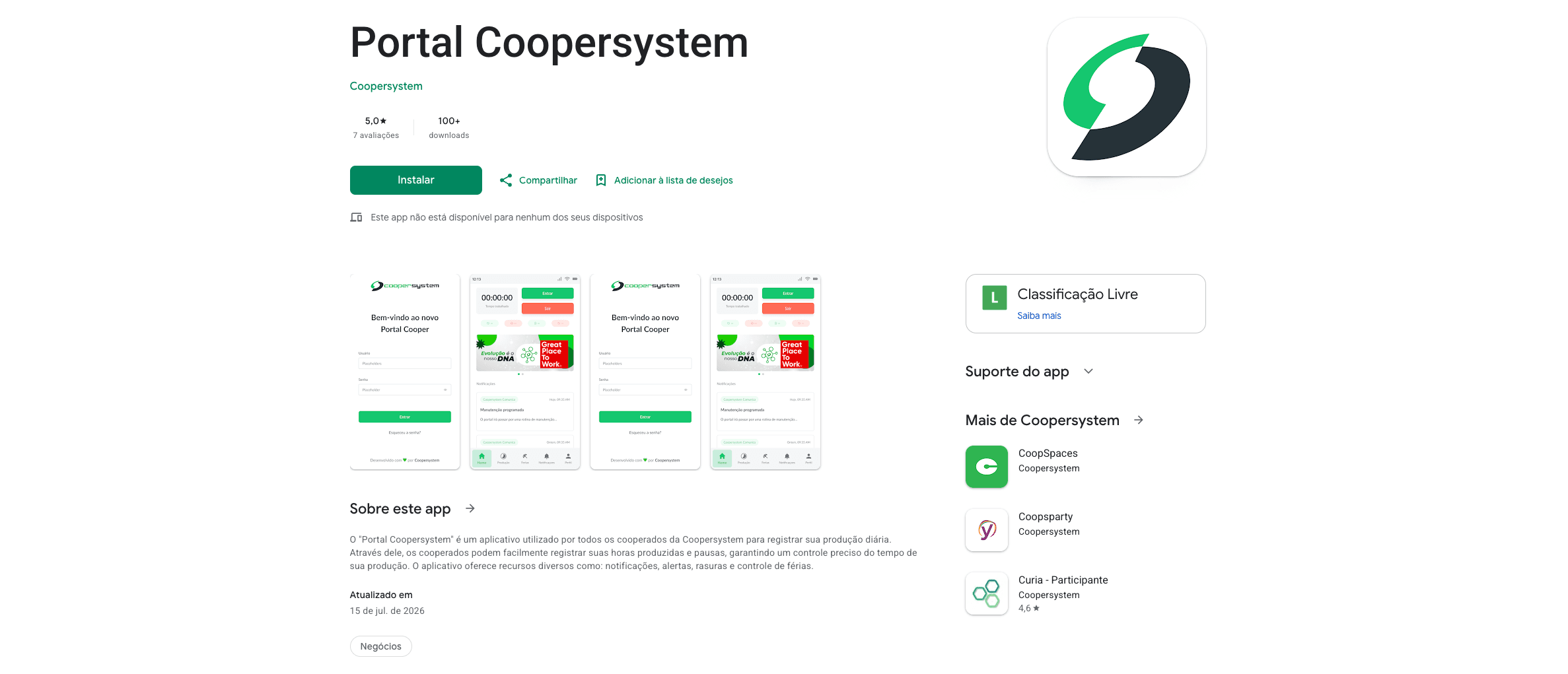 Página do aplicativo Portal Coopersystem na Google Play, com as telas de acesso e de produção