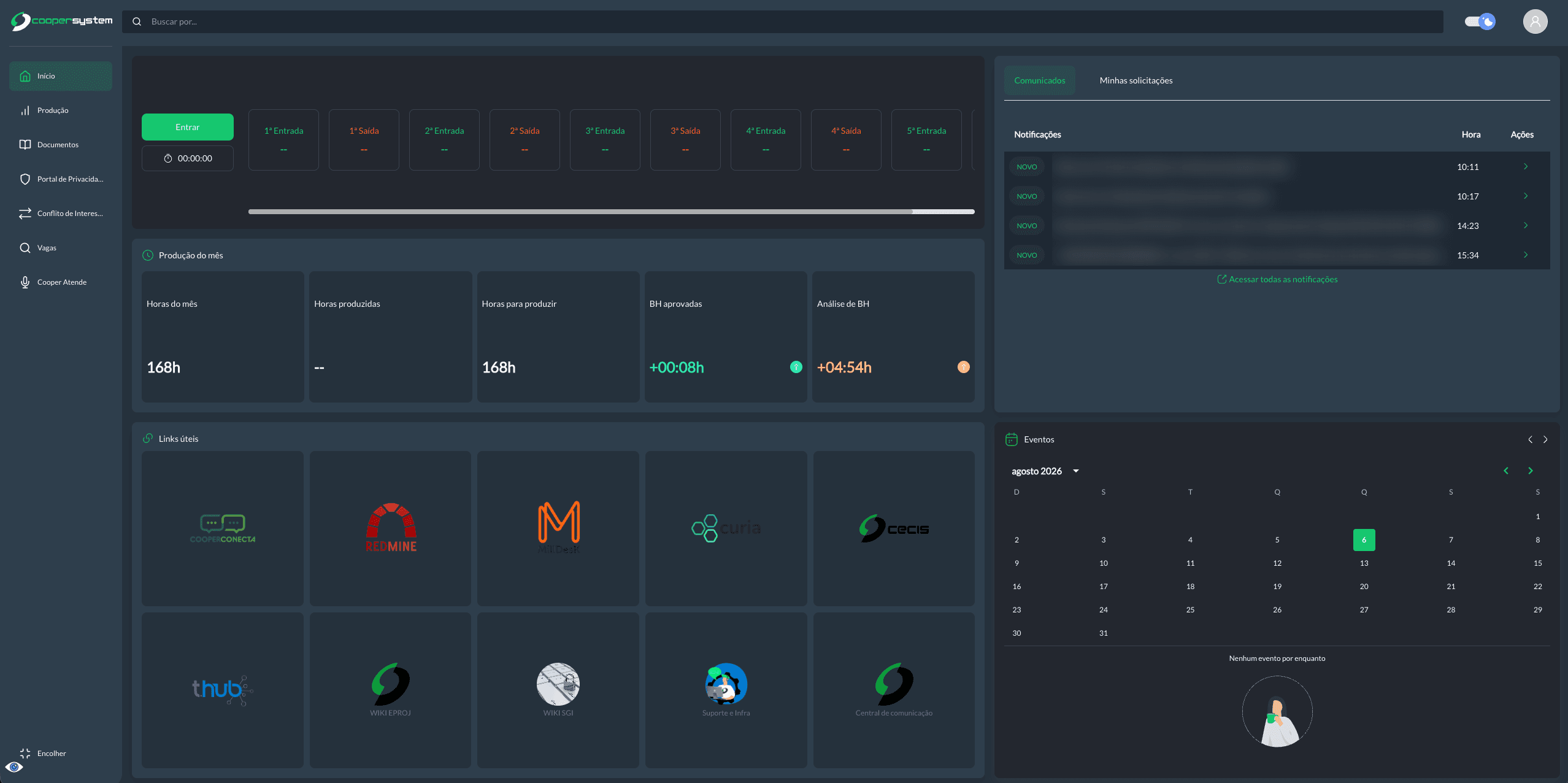 Portal Coopersystem | Início, com ponto do dia, produção do mês e comunicados