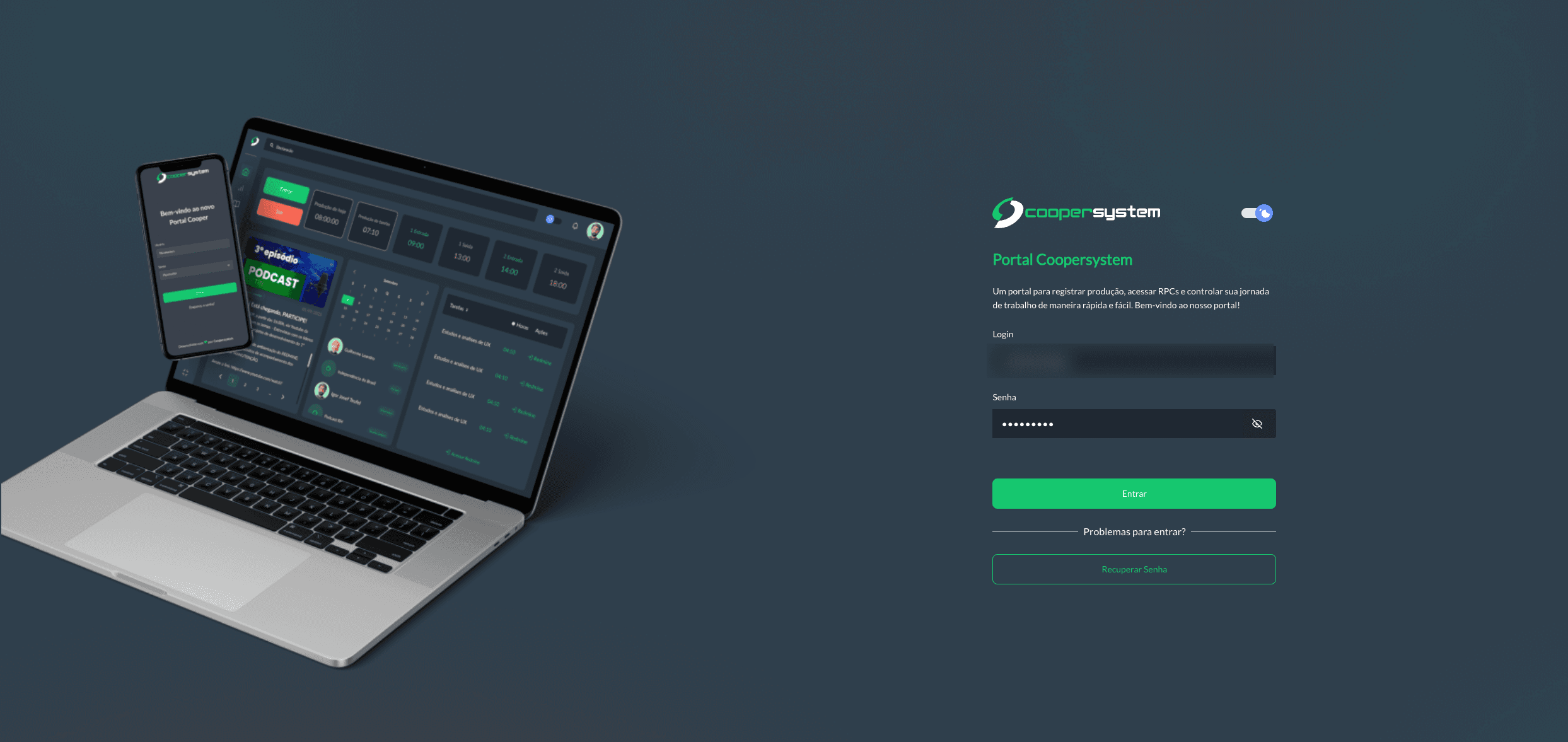 Tela de acesso do Portal Coopersystem, com o portal aberto em um notebook e em um celular ao lado