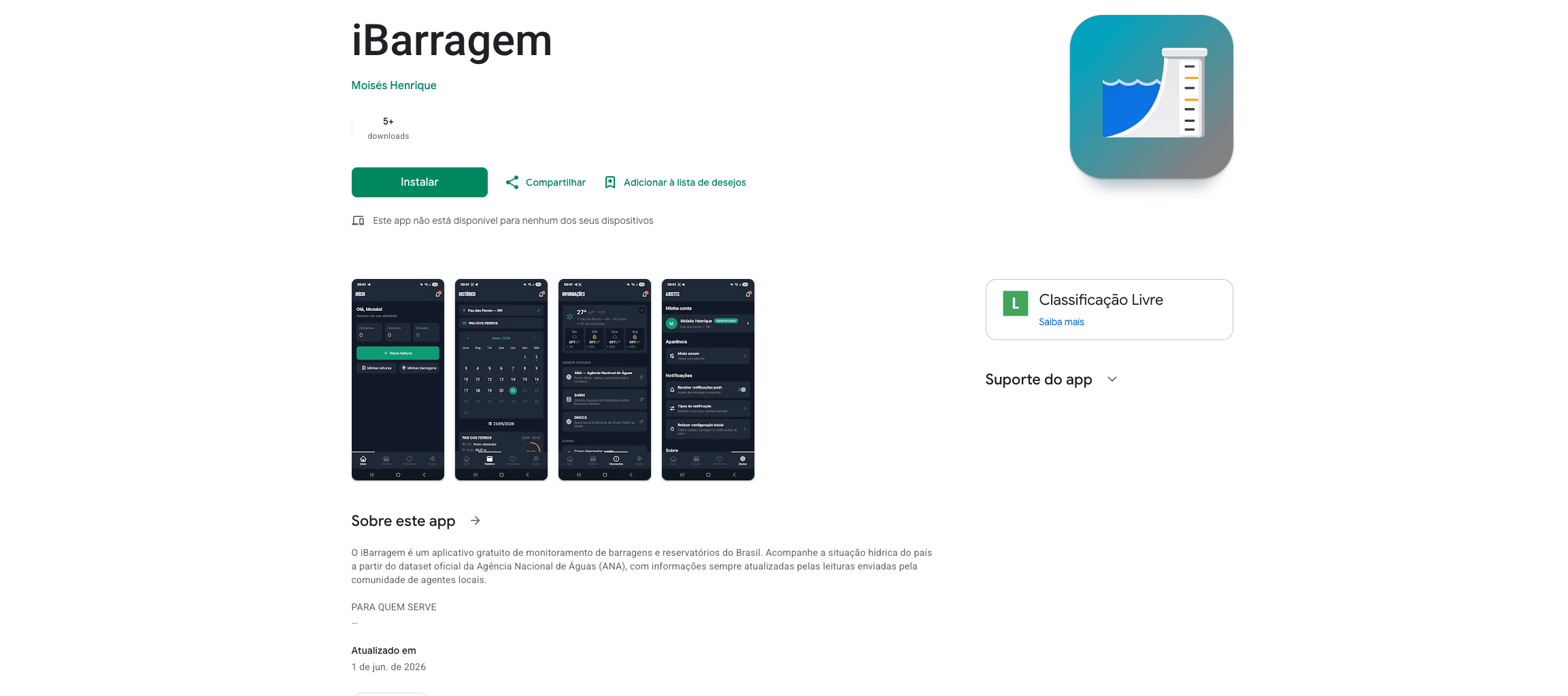 Página do aplicativo iBarragem na Google Play, com as telas de início, histórico de leituras, informações da região e ajustes