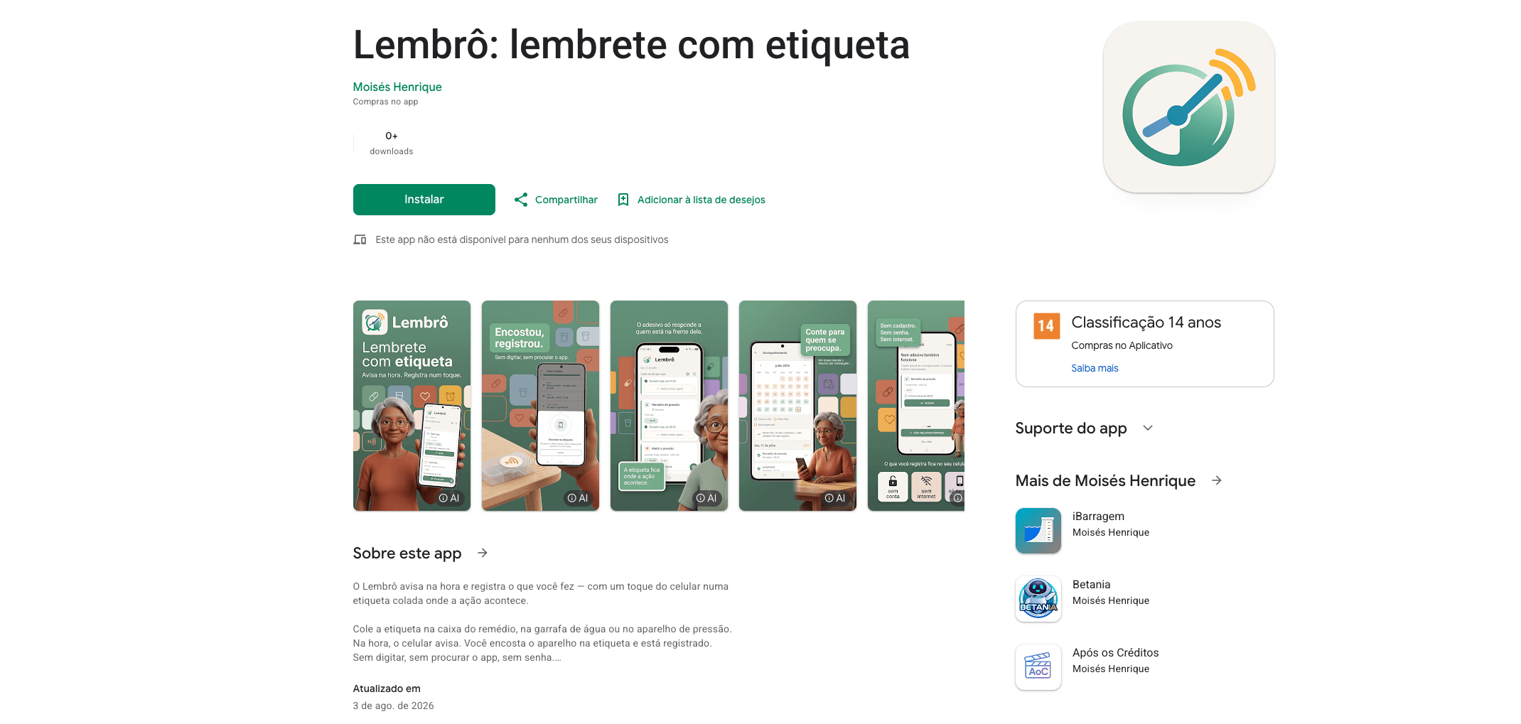 Página do Lembrô na Google Play, com as telas de lembrete por etiqueta, registro por aproximação e acompanhamento por calendário