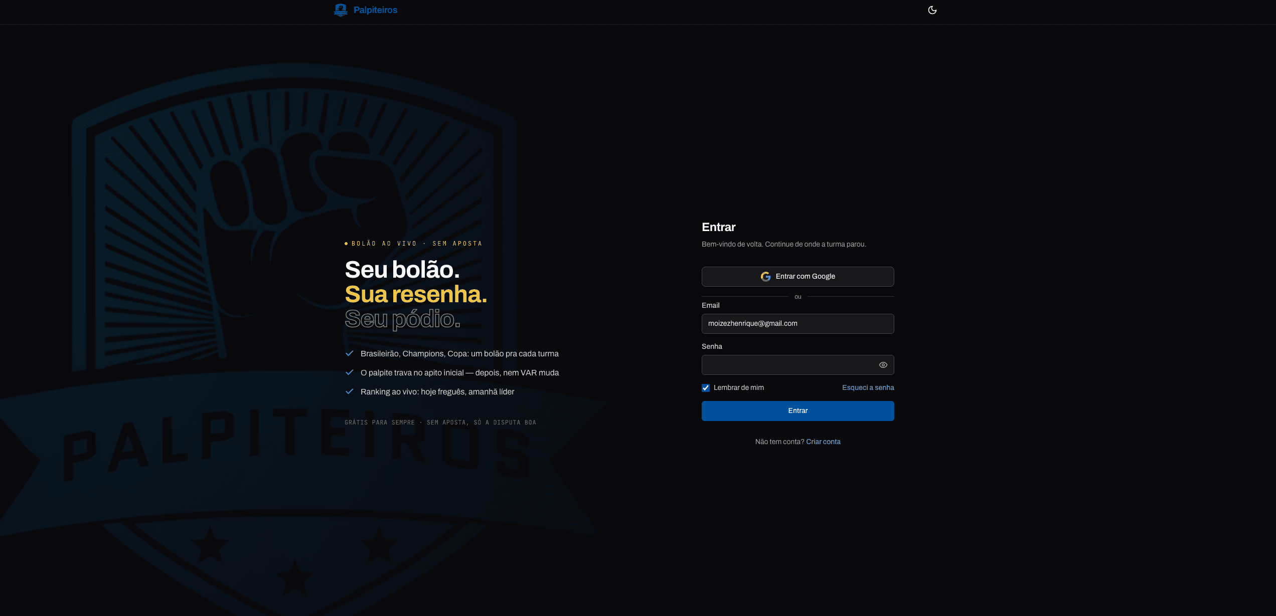 Palpiteiros | Tela de acesso, com entrada pelo Google ou por e-mail